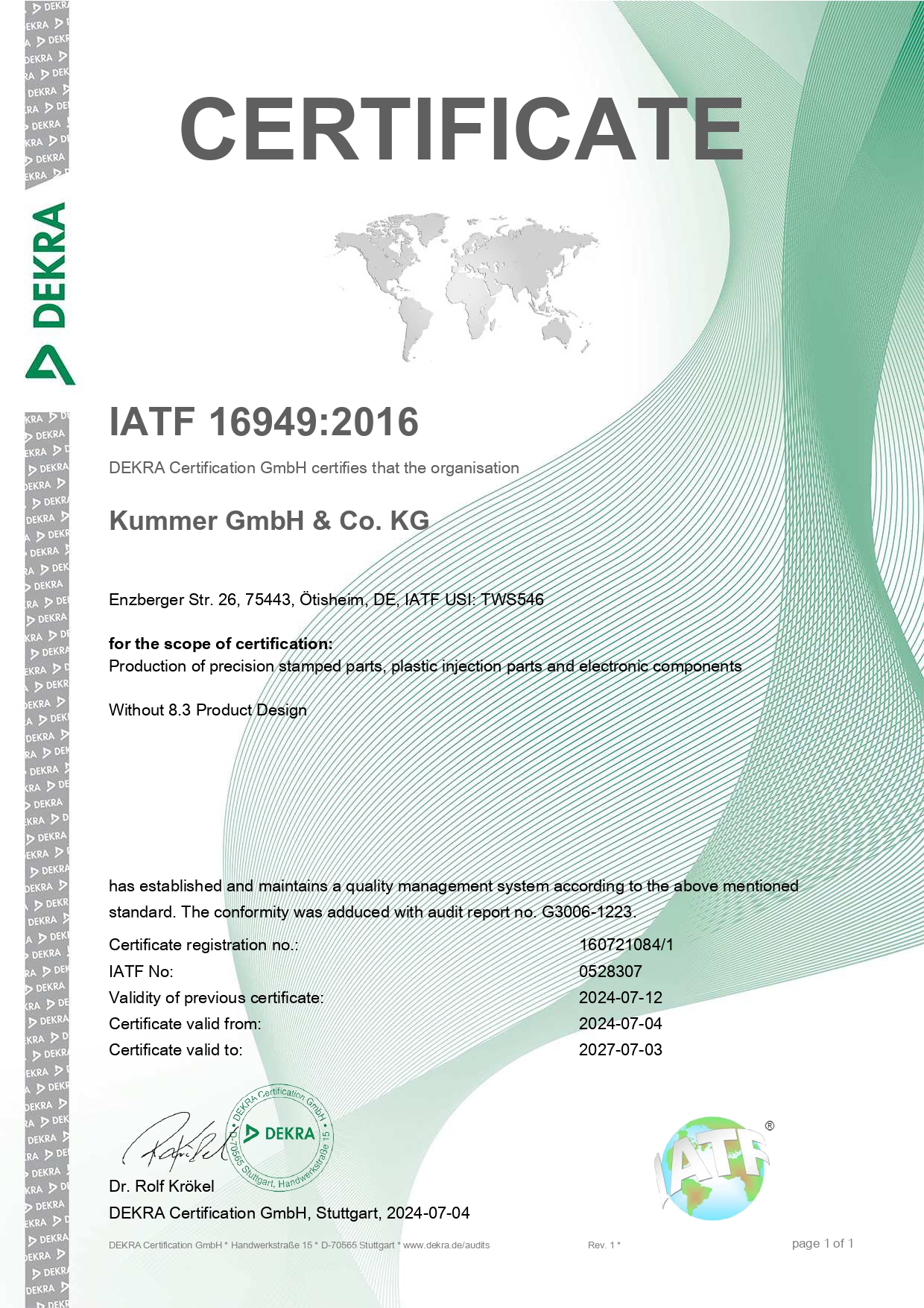 Certifikate IATF 16949 Kummer GmbH 2024