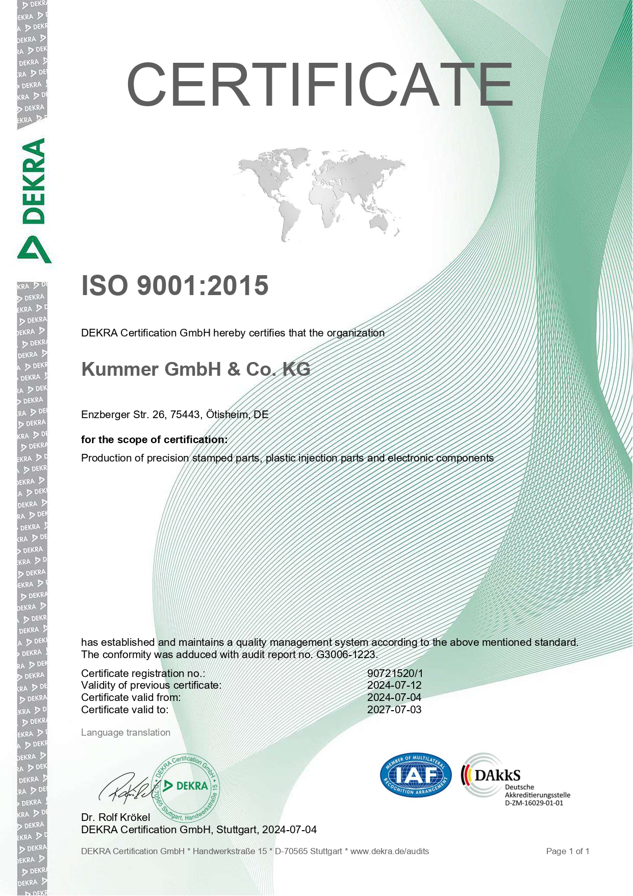 [Translate to english:] Zertifikat ISO 9001 Kummer GmbH 2024