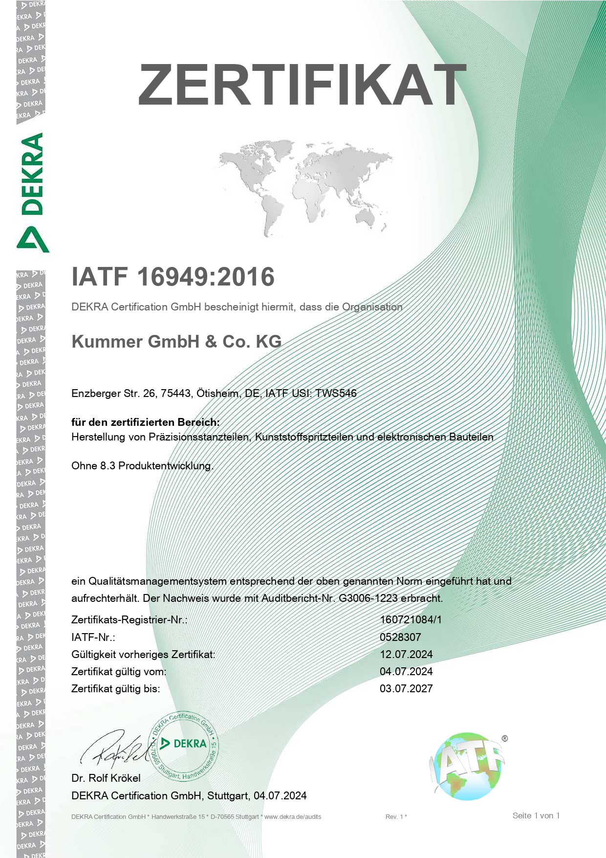 Zertifikat IATF 16949 Kummer GmbH 2024
