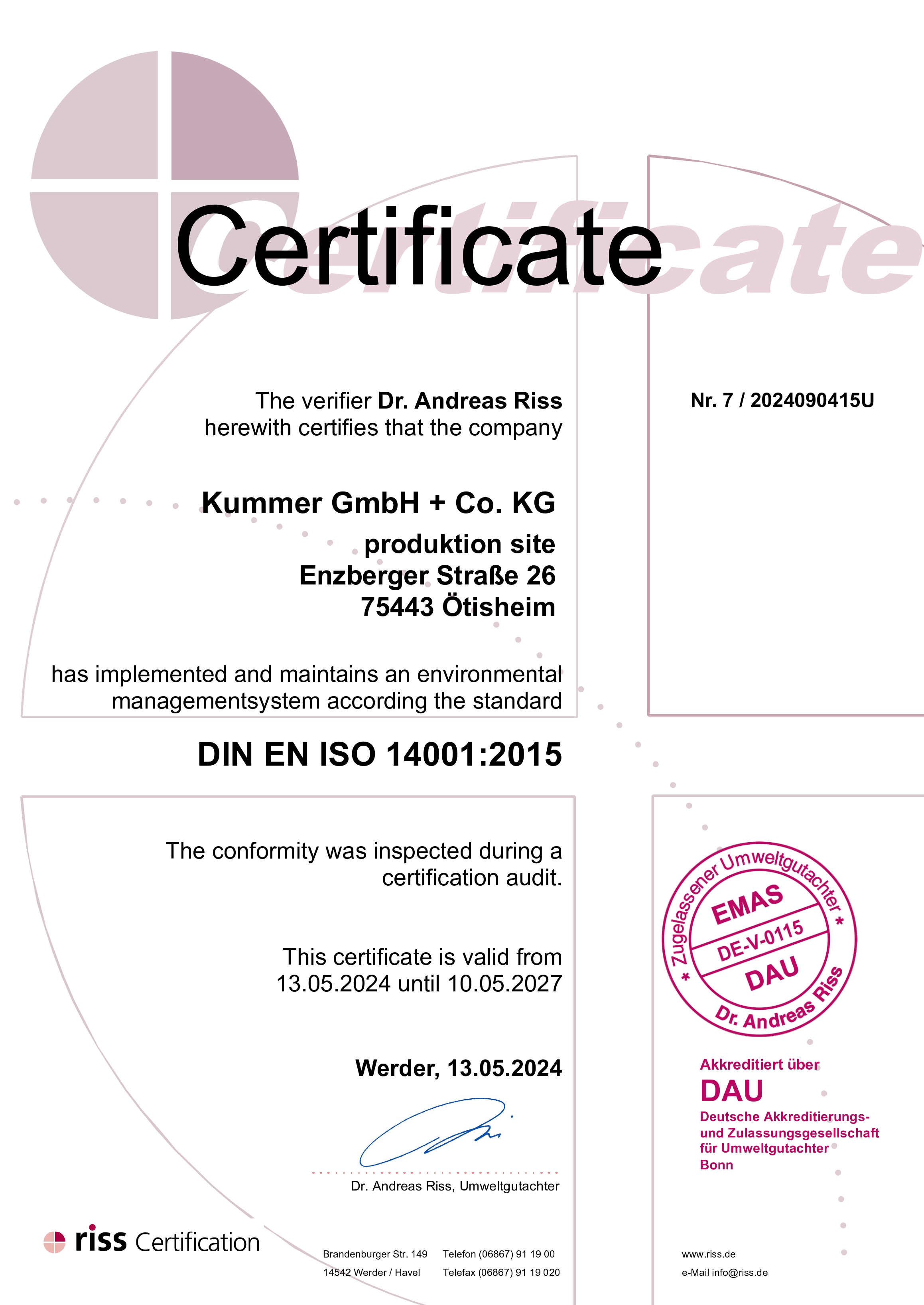 [Translate to english:] Zertifizierung ISO 14001